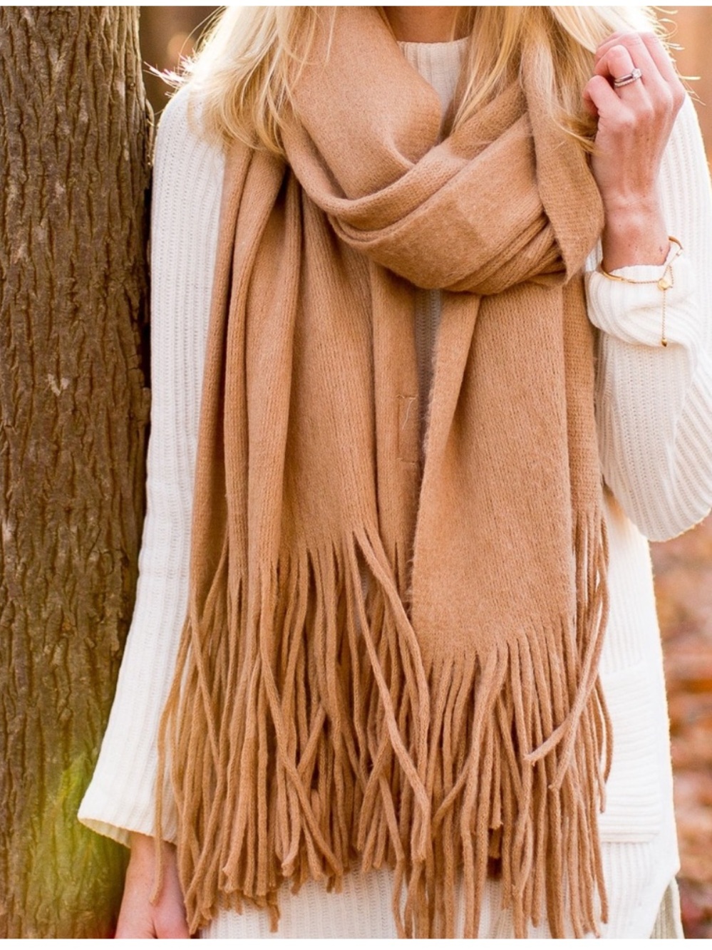 Free People Colby Fringed Cozy Scarf in Tan